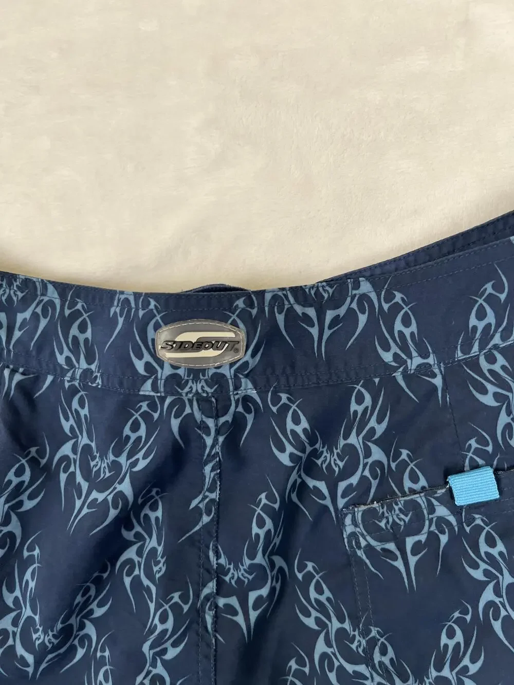 VTG Sideout Board Shorts Mens L Blue Tribal Hawaiian Floral Swim Trunks Surf Y2K